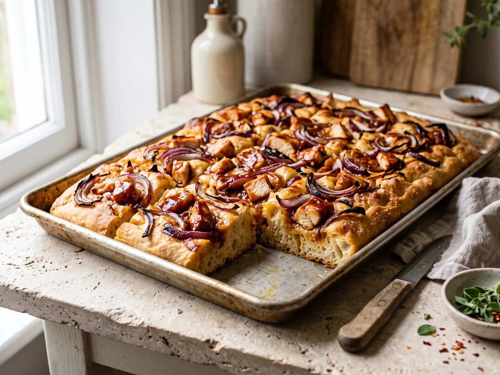 BBQ Chicken & Red Onion Focaccia (American-Inspired) — freshly baked