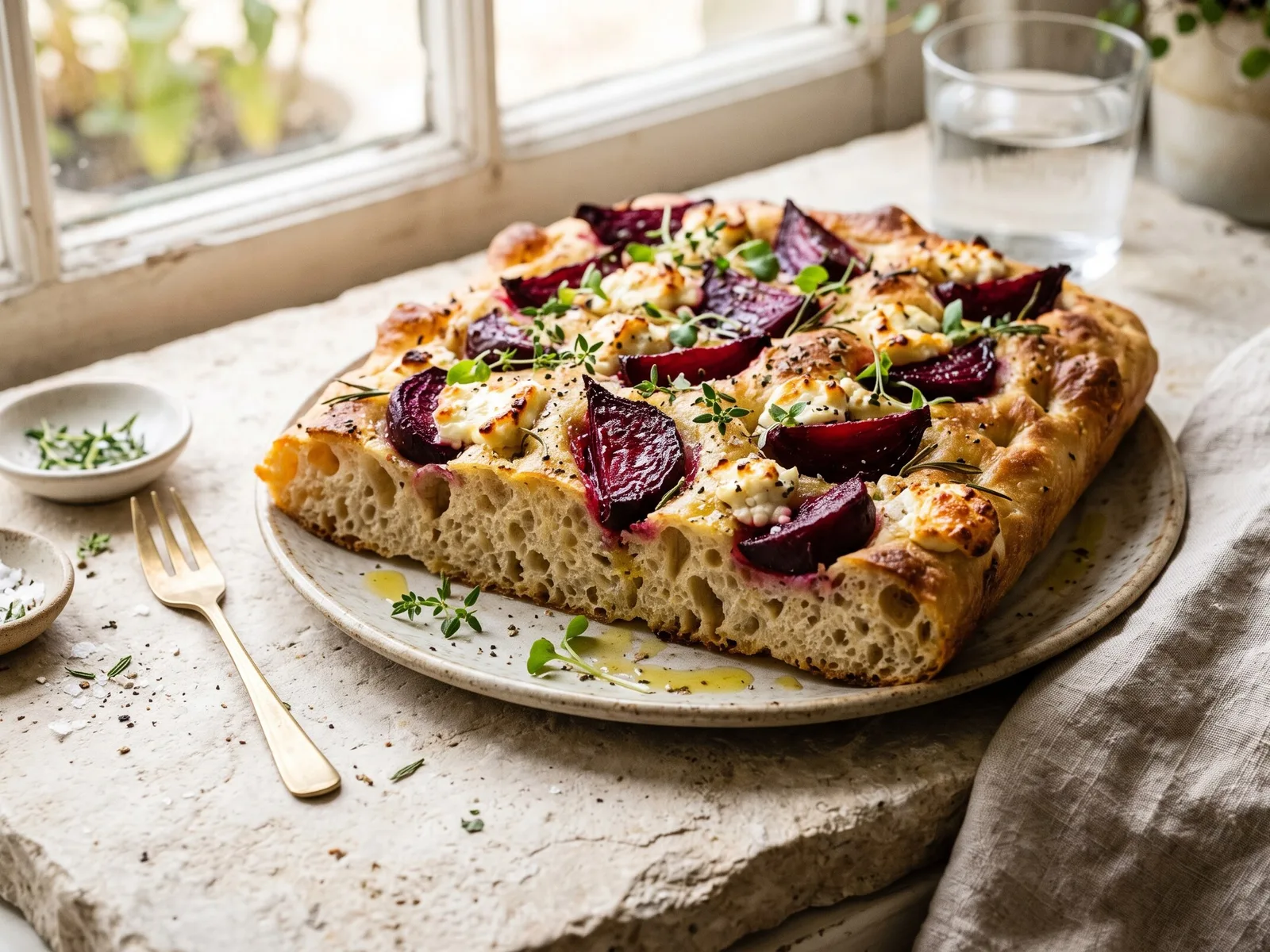 Roasted Beetroot & Goat Cheese Focaccia (Australian-Inspired) — freshly baked