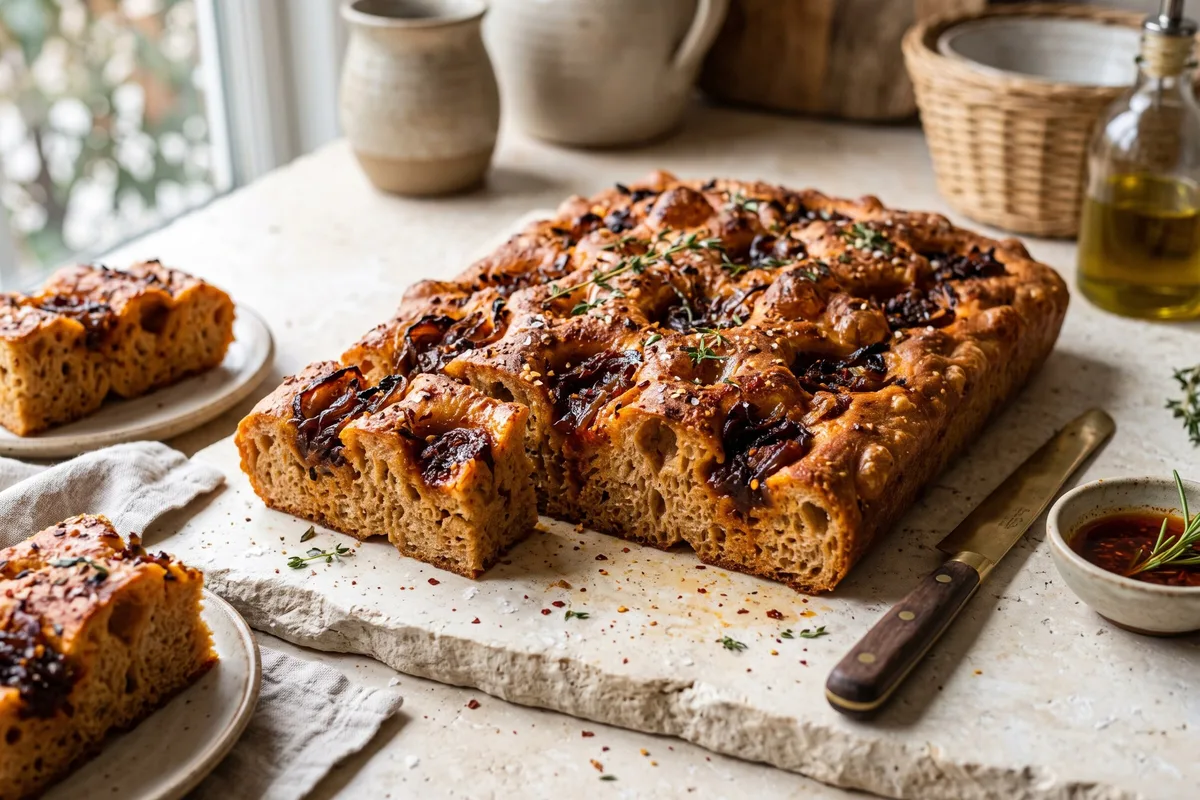 Berbere & Caramelized Onion Focaccia (Ethiopian-Inspired) — freshly baked
