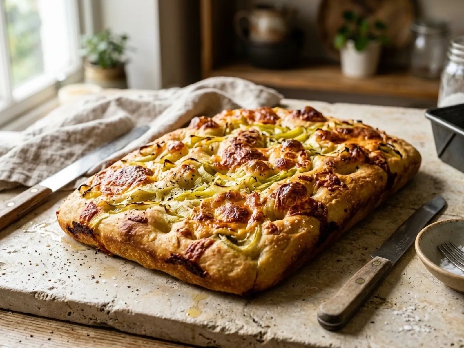 Cheddar & Leek Focaccia (British-Inspired) — freshly baked