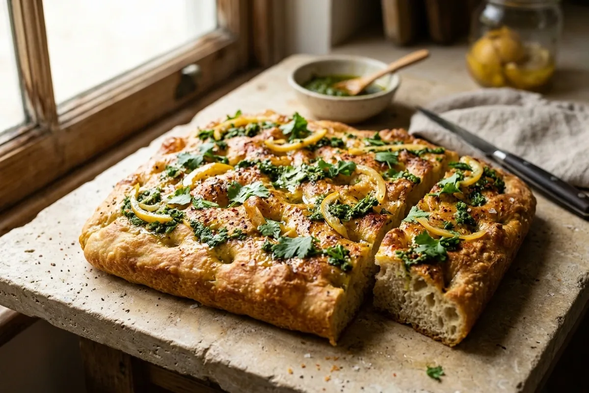 Chermoula & Preserved Lemon Focaccia (Moroccan-Inspired) — freshly baked