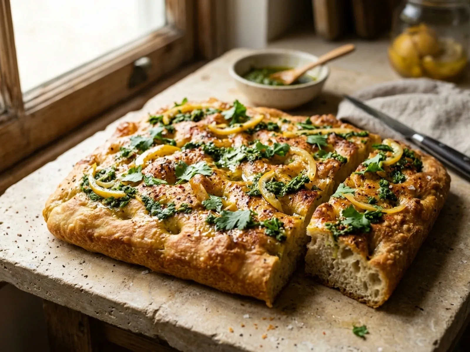 Chermoula & Preserved Lemon Focaccia (Moroccan-Inspired) — freshly baked