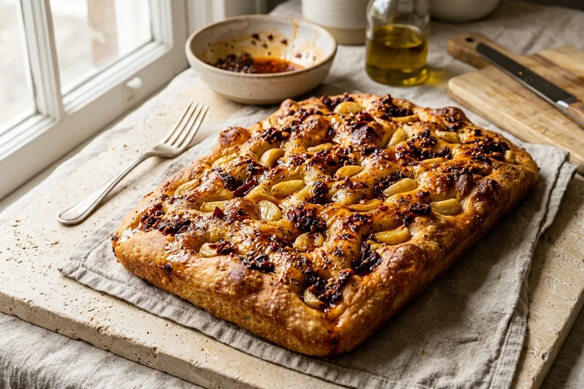 Chili Crisp & Garlic Confit Focaccia (Chinese-Inspired) — freshly baked