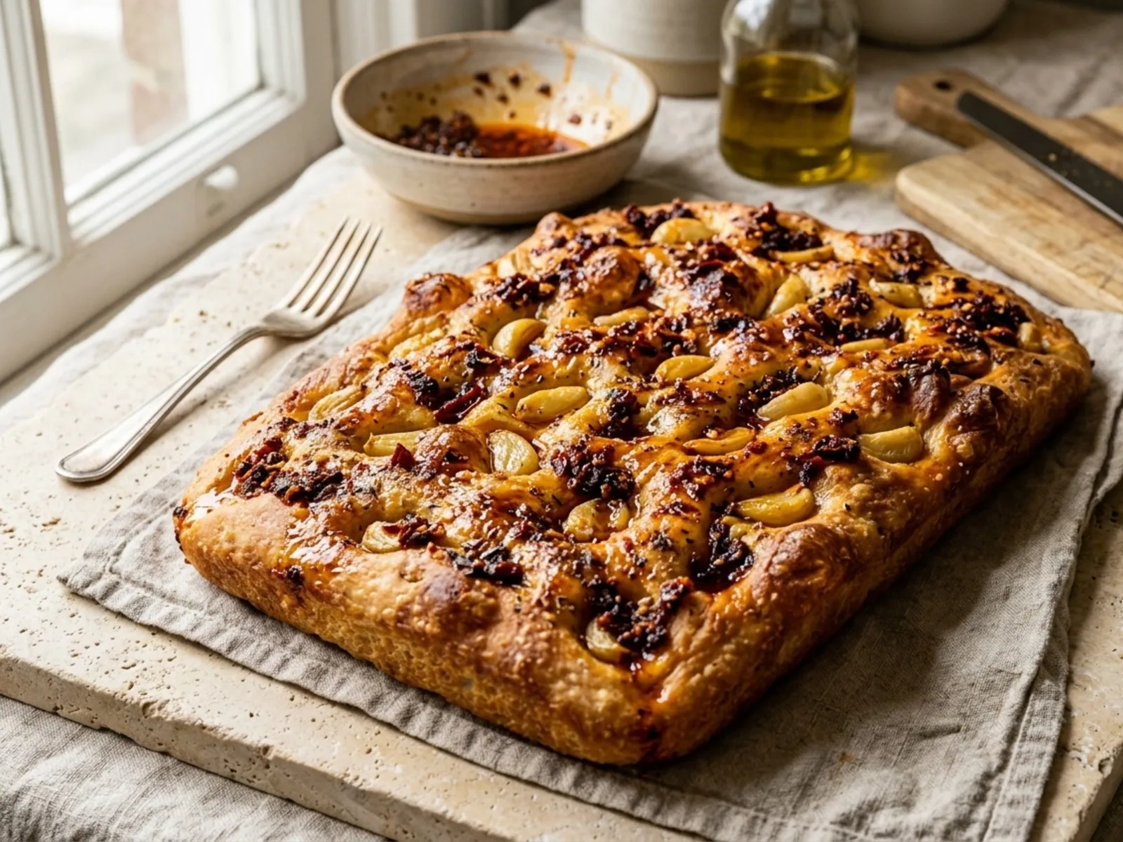 Chili Crisp & Garlic Confit Focaccia (Chinese-Inspired) — freshly baked