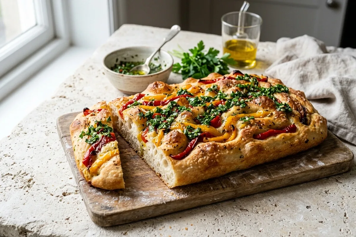 Chimichurri & Roasted Pepper Focaccia (Argentine-Inspired) — freshly baked