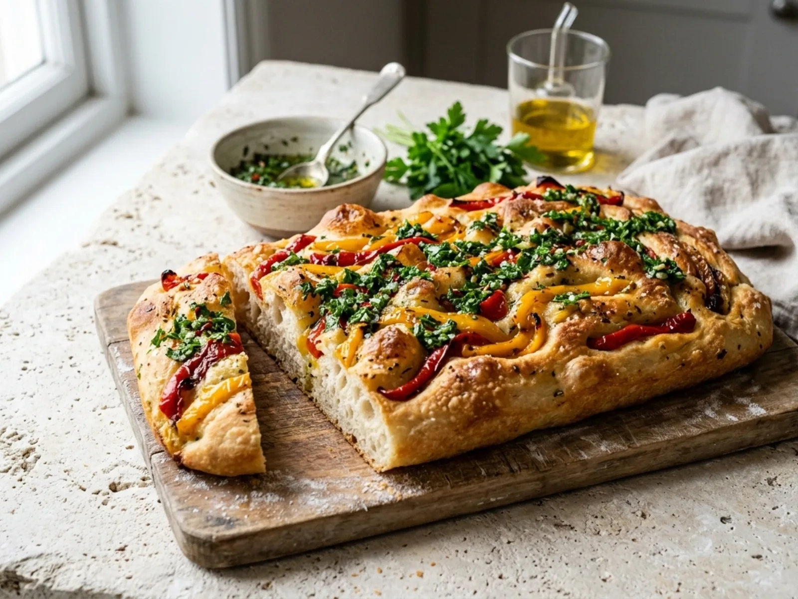 Chimichurri & Roasted Pepper Focaccia (Argentine-Inspired) — freshly baked