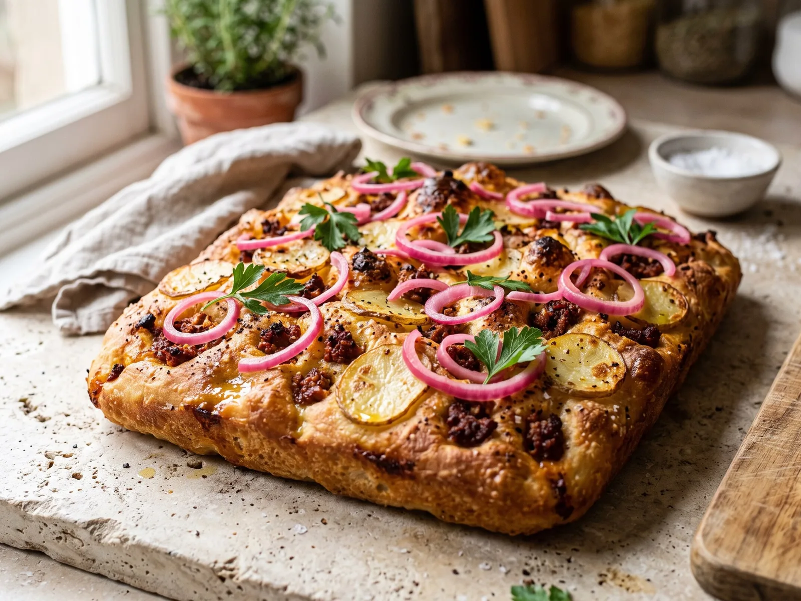 Chorizo, Potato & Pickled Onion Focaccia (Mexican-Inspired) — freshly baked