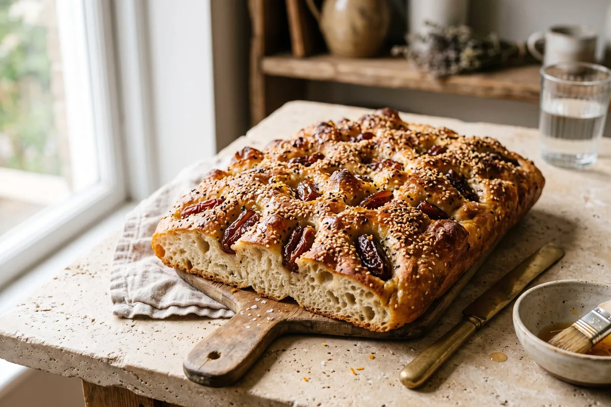 Date, Sesame & Orange-Blossom Focaccia (North African / Middle Eastern-Inspired) — freshly baked