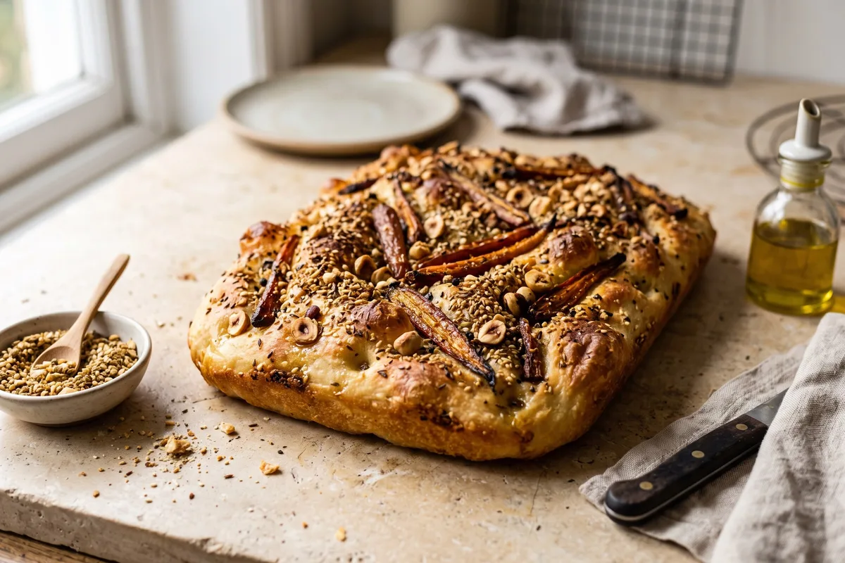 Dukkah & Roasted Carrot Focaccia (Egyptian-Inspired) — freshly baked