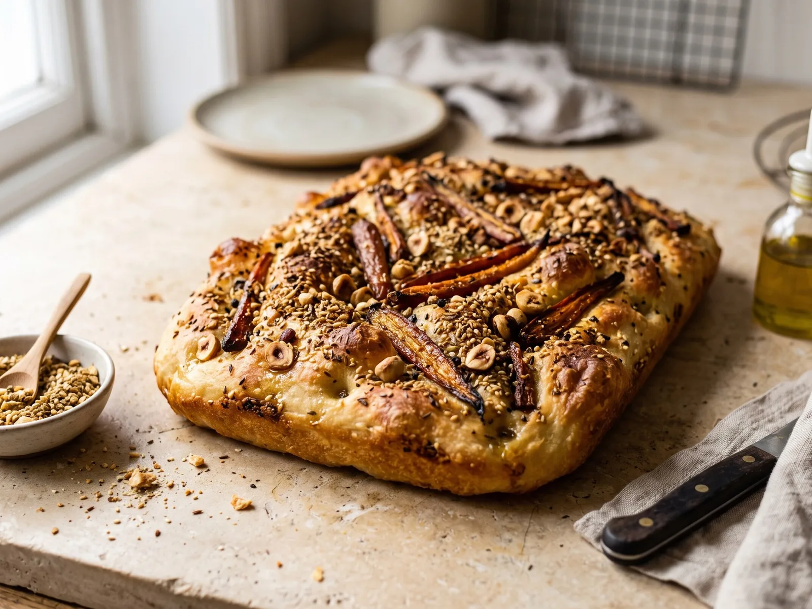 Dukkah & Roasted Carrot Focaccia (Egyptian-Inspired) — freshly baked