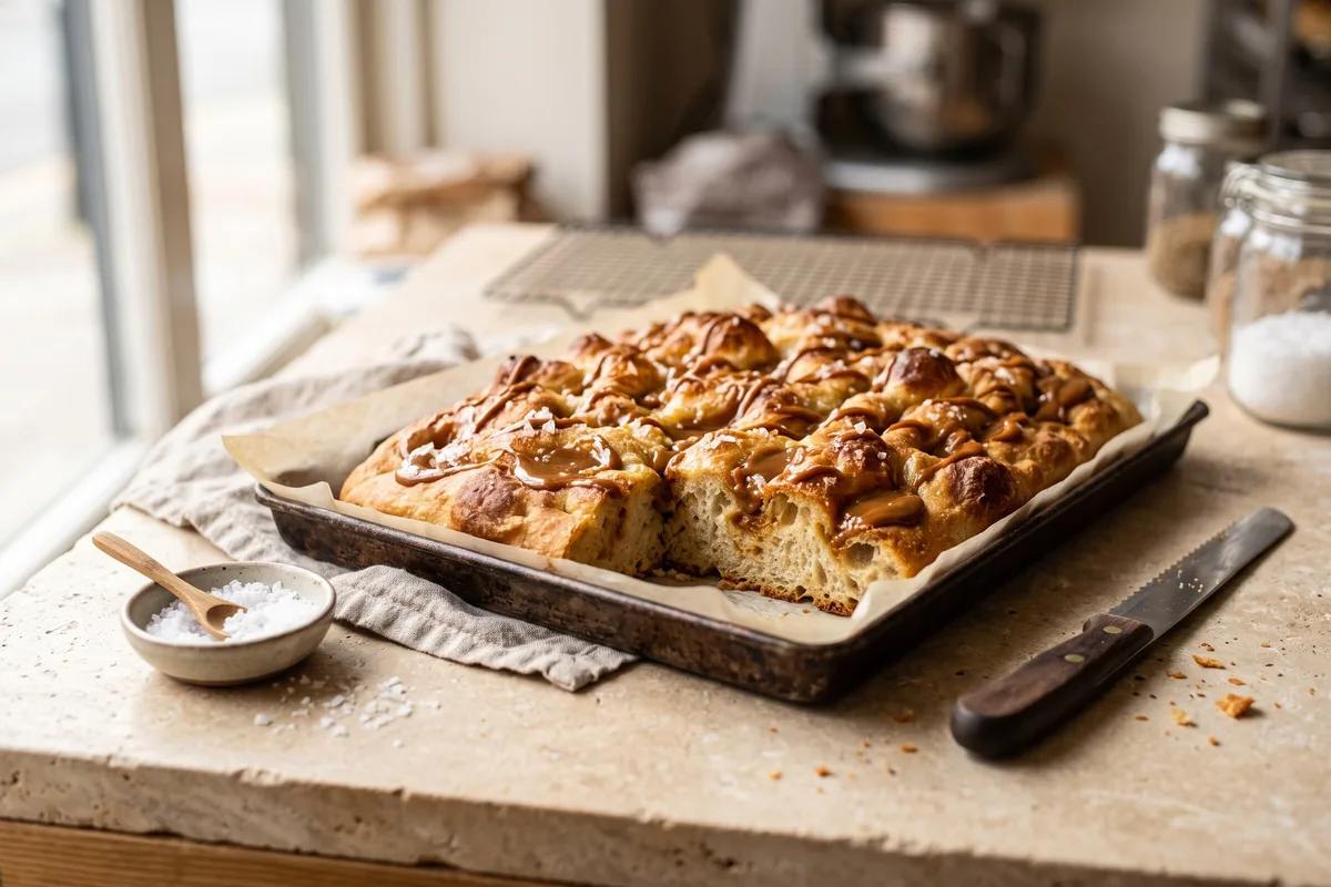 Dulce de Leche & Sea Salt Focaccia (Latin American-Inspired, Sweet) — freshly baked