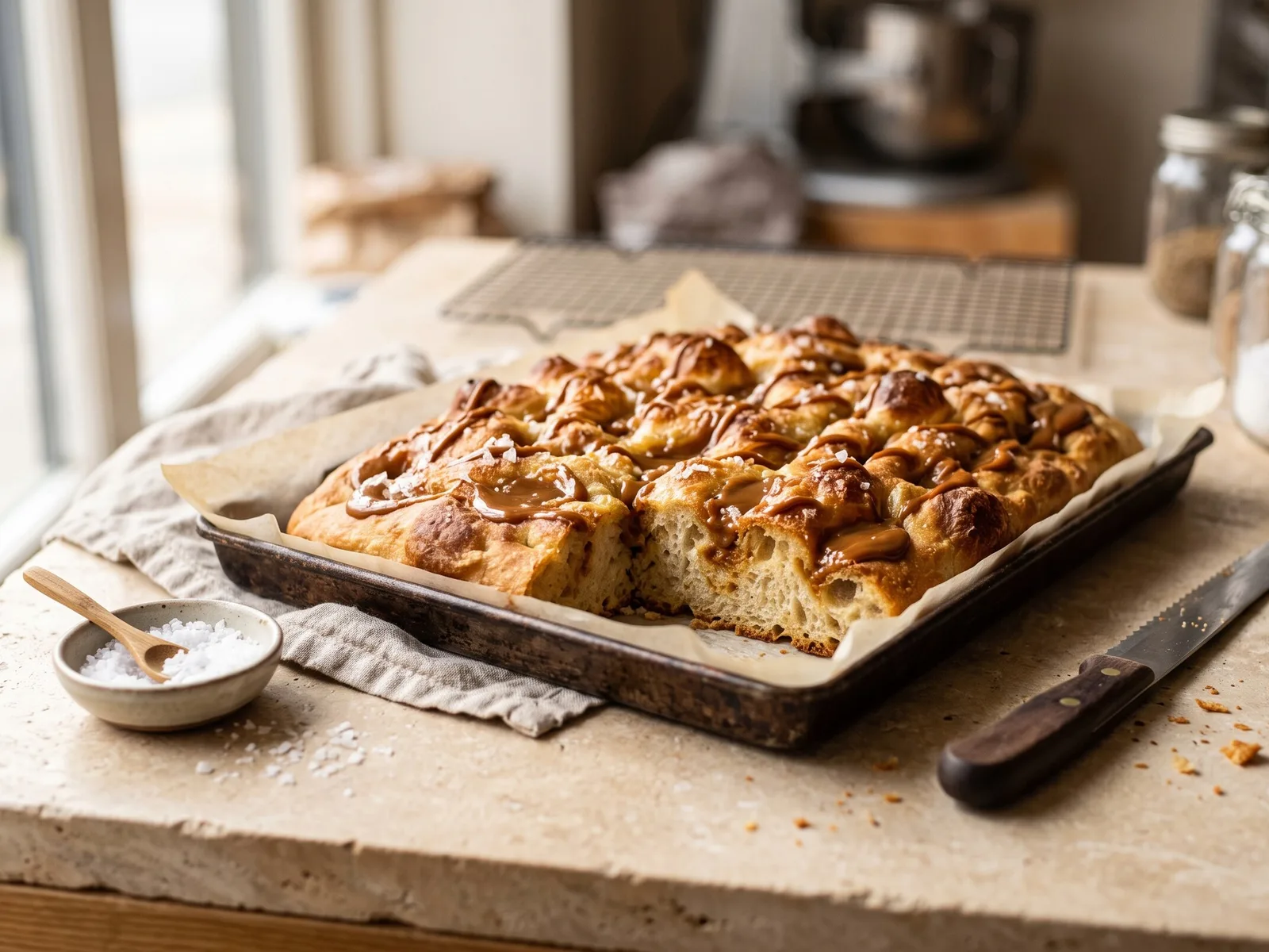 Dulce de Leche & Sea Salt Focaccia (Latin American-Inspired, Sweet) — freshly baked