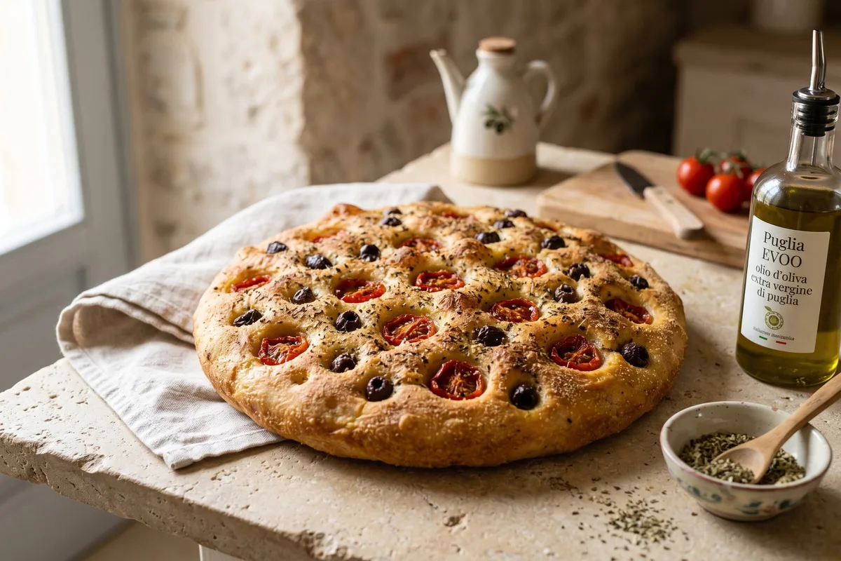 Focaccia Barese (Puglian Potato-and-Semolina Focaccia) — freshly baked
