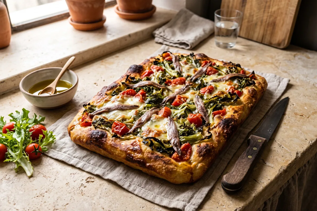 Focaccia Messinese (Sicilian Focaccia with Tuma, Endive and Anchovy) — freshly baked