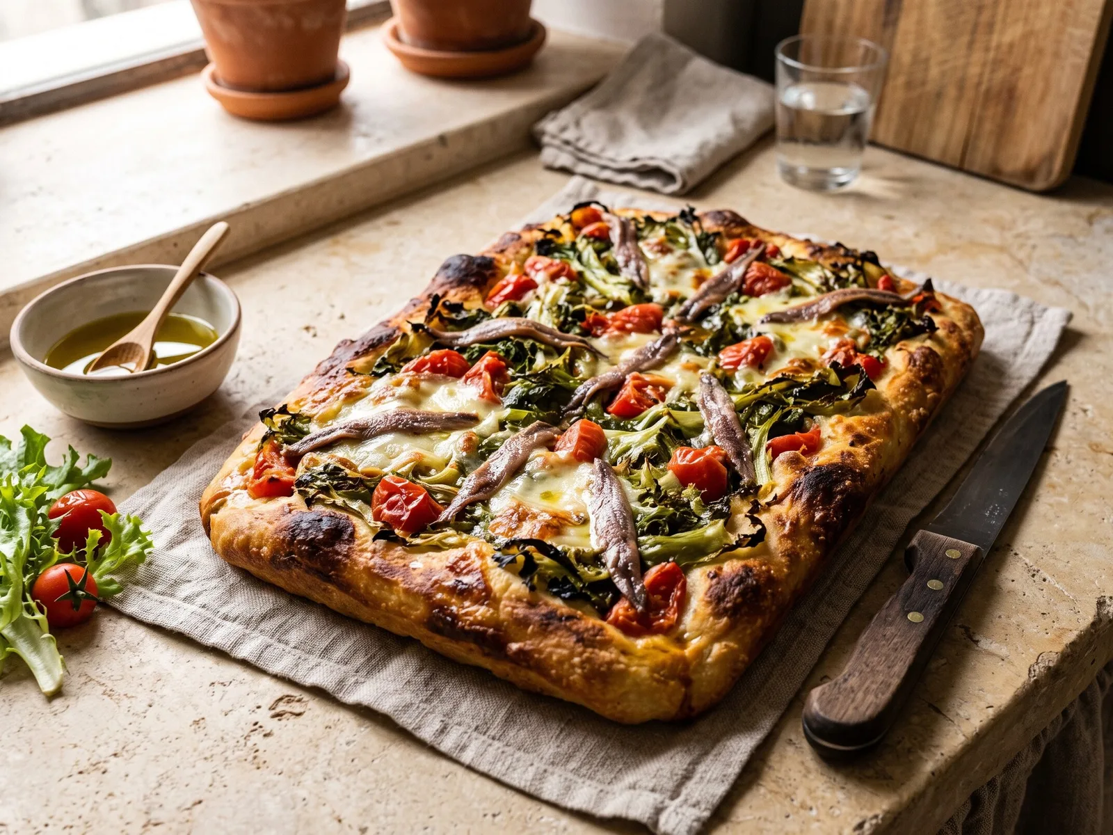 Focaccia Messinese (Sicilian Focaccia with Tuma, Endive and Anchovy) — freshly baked